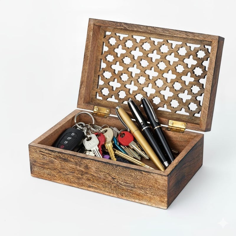 Mela Artisans Wooden Keepsake Box | Medium Burnt Mango Wood Memory & Photo Storage Box with Hinged Lid | Decorative Storage Box | Medium | 7.5x4.5x3 Inch - Image 1